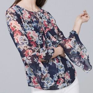 White House Black Market Floral Blouse - Navy and Pink